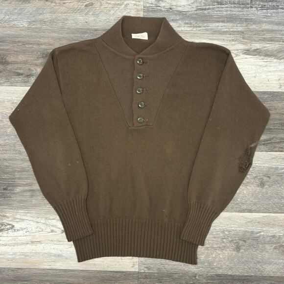 Vintage 80s US Army Brown‎ Mens S Henley 5-Button Knitted Military Drill Sweater - Picture 2 of 10